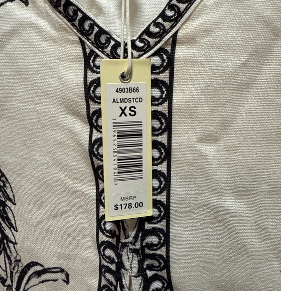 Max Studio London Linen Blend V Neck‎ Embroidered Midi Dress Ivory Black XS - Picture 4 of 8